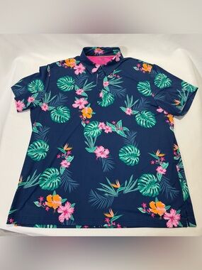 Birdie Bound Performance Polo Golf 2XL Navy Tropical Flower Hawaiian Beach Vacay